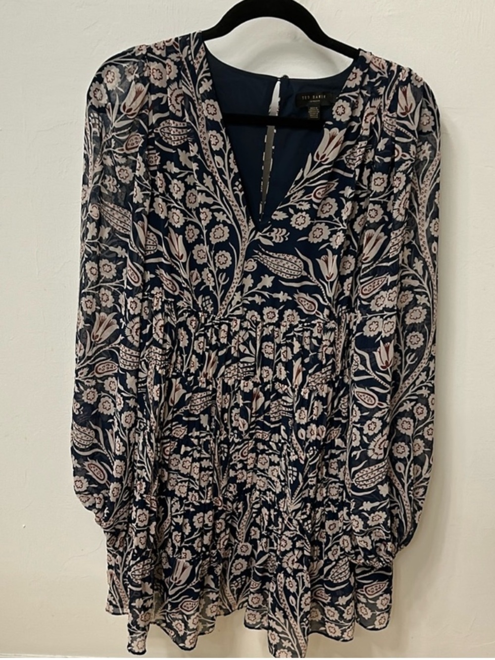 Ted Baker Navy and Cream Floral Mini Skirt with Sheer Sleeves size 1 (fits 4-6)